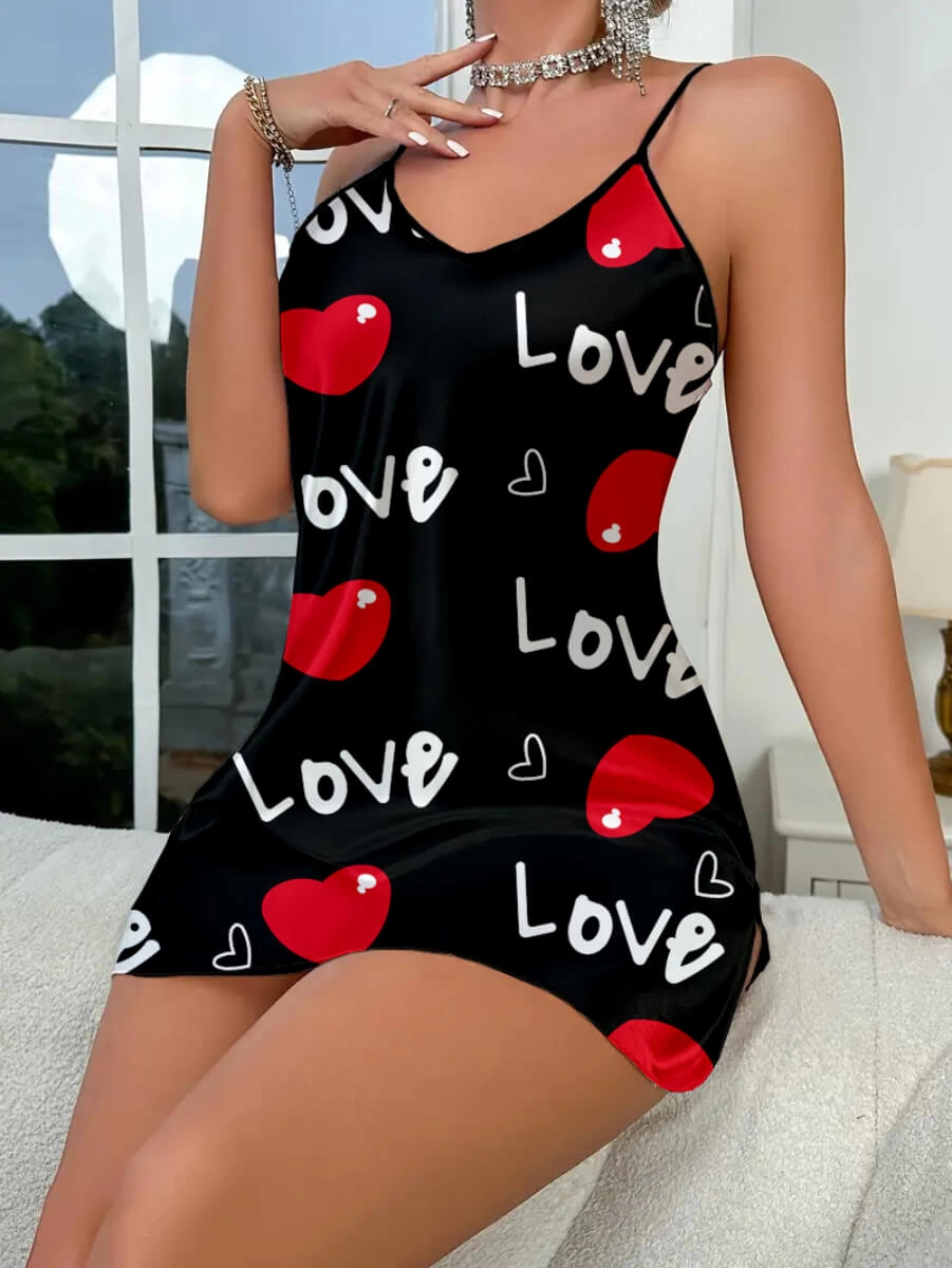 Love Desenli Siyah Saten Gecelik 2 Love Desenli Siyah Saten Gecelik - Görsel 2
