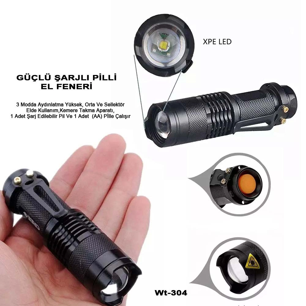 Mini Güçlü Şarjlı Pilli El Feneri Wt-304 1 Mini Güçlü Şarjlı Pilli El Feneri Wt-304