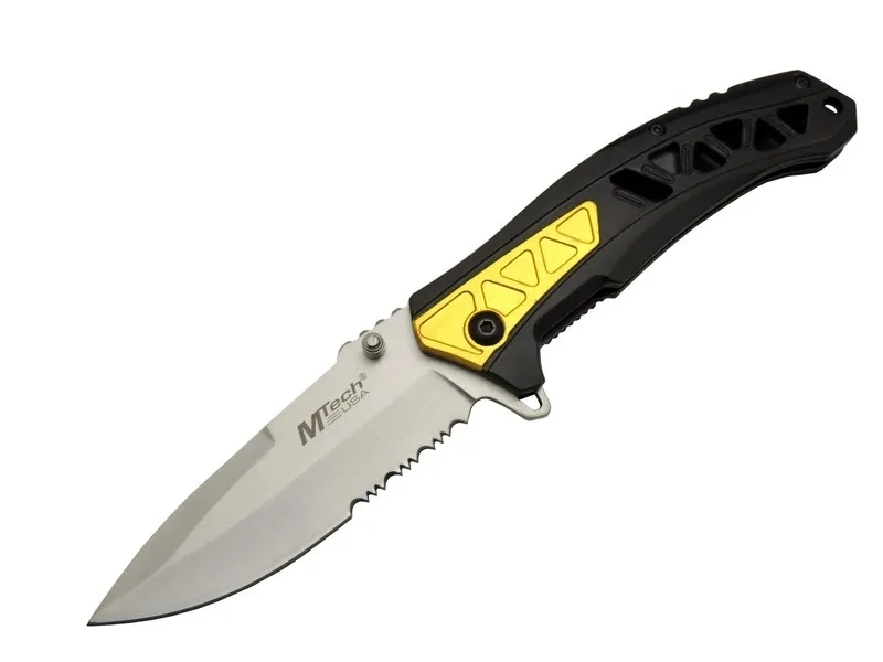 Mtech 4191 Sarı Kamp Çakı 21cm - Yarı Otomatik, Kemerlikli, Testere Detaylı, Desenli Sap 1 Mtech 4191 Sarı Kamp Çakı 21cm - Yarı Otomatik, Kemerlikli, Testere Detaylı, Desenli Sap