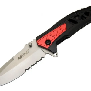 Mtech 4192 Kırmızı Kamp Çakı 21cm - Yarı Otomatik, Kemerlikli, Testere Detaylı, Desenli Sap