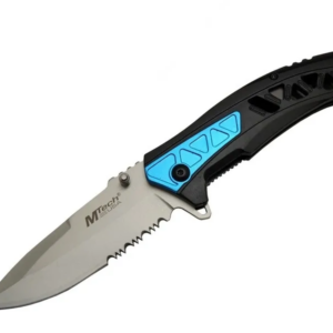 Mtech 4193 Mavi Kamp Çakı 21cm - Yarı Otomatik, Kemerlikli, Testere Detaylı, Desenli Sap