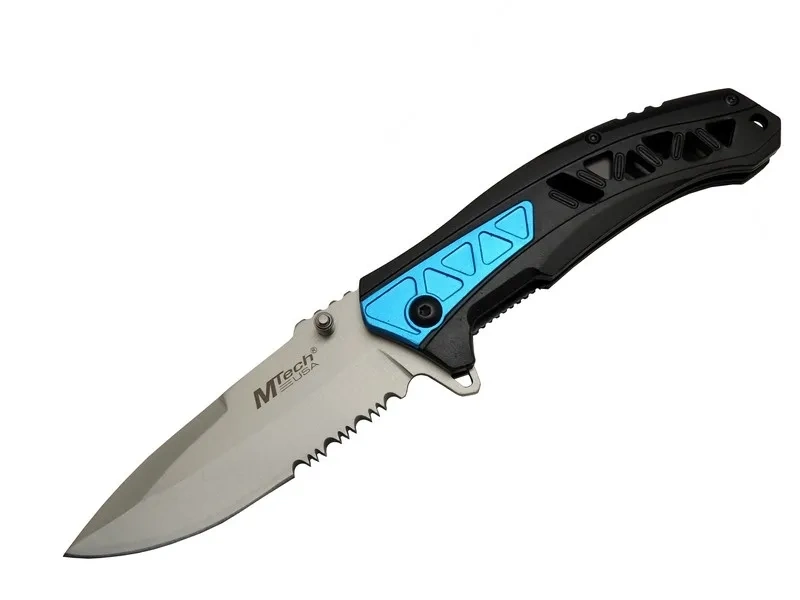 Mtech 4193 Mavi Kamp Çakı 21cm - Yarı Otomatik, Kemerlikli, Testere Detaylı, Desenli Sap 1 Mtech 4193 Mavi Kamp Çakı 21cm - Yarı Otomatik, Kemerlikli, Testere Detaylı, Desenli Sap
