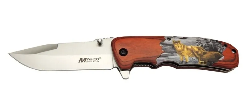 Mtech Y 12k Kahverengi Kamp Çakı 21,5cm - Yarı Otomatik, Kemerlikli, Kurt Baskılı Ahşap Sap 1 Mtech Y 12k Kahverengi Kamp Çakı 21,5cm - Yarı Otomatik, Kemerlikli, Kurt Baskılı Ahşap Sap