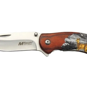 Mtech Y13 G Kahverengi Kamp Çakı 20cm- Yarı Otomatik, Kemerlkli, Ahşap Geyik İşlemeli Sap
