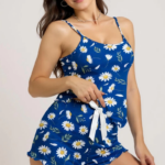 Papatya Desenli Mavi Askılı Şortlu Pijama Takımı