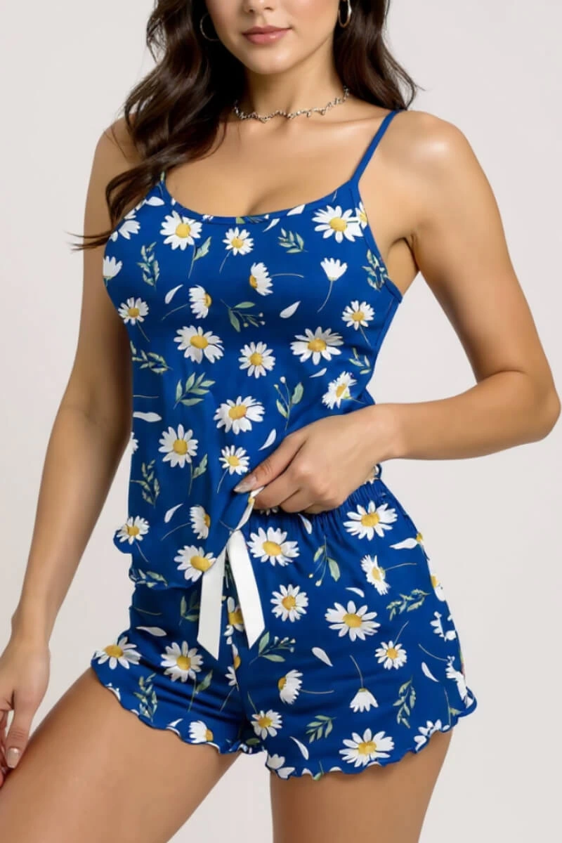 Papatya Desenli Mavi Askılı Şortlu Pijama Takımı 2 Papatya Desenli Mavi Askılı Şortlu Pijama Takımı - Görsel 2