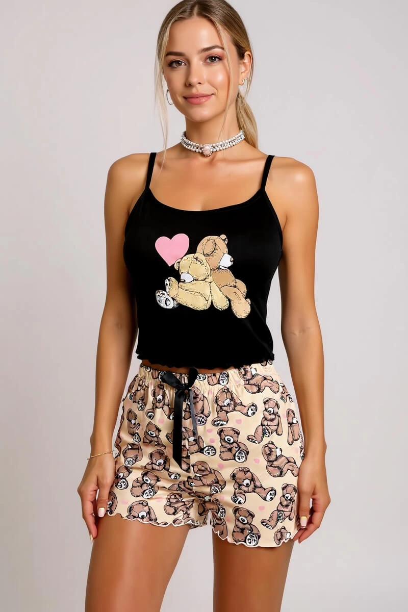 Renkli Ayıcık Desenli Askılı Şortlu Kadın Pijama Takımı 3 Renkli Ayıcık Desenli Askılı Şortlu Kadın Pijama Takımı - Görsel 3