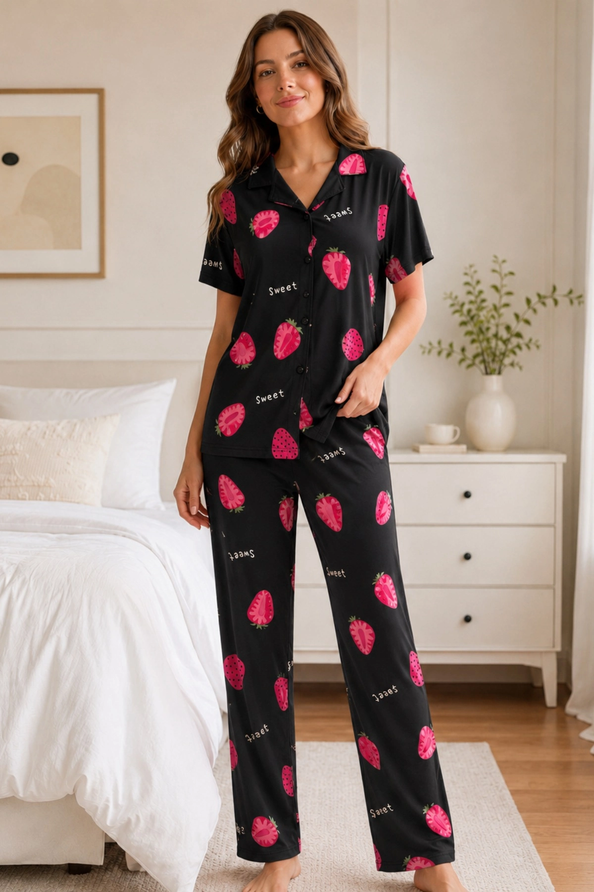 Siyah Çilek Desenli Kısa Kollu Gömlek Yaka Milan Kumaş Kadın Pijama Takımı 3 Siyah Çilek Desenli Kısa Kollu Gömlek Yaka Milan Kumaş Kadın Pijama Takımı - Görsel 3