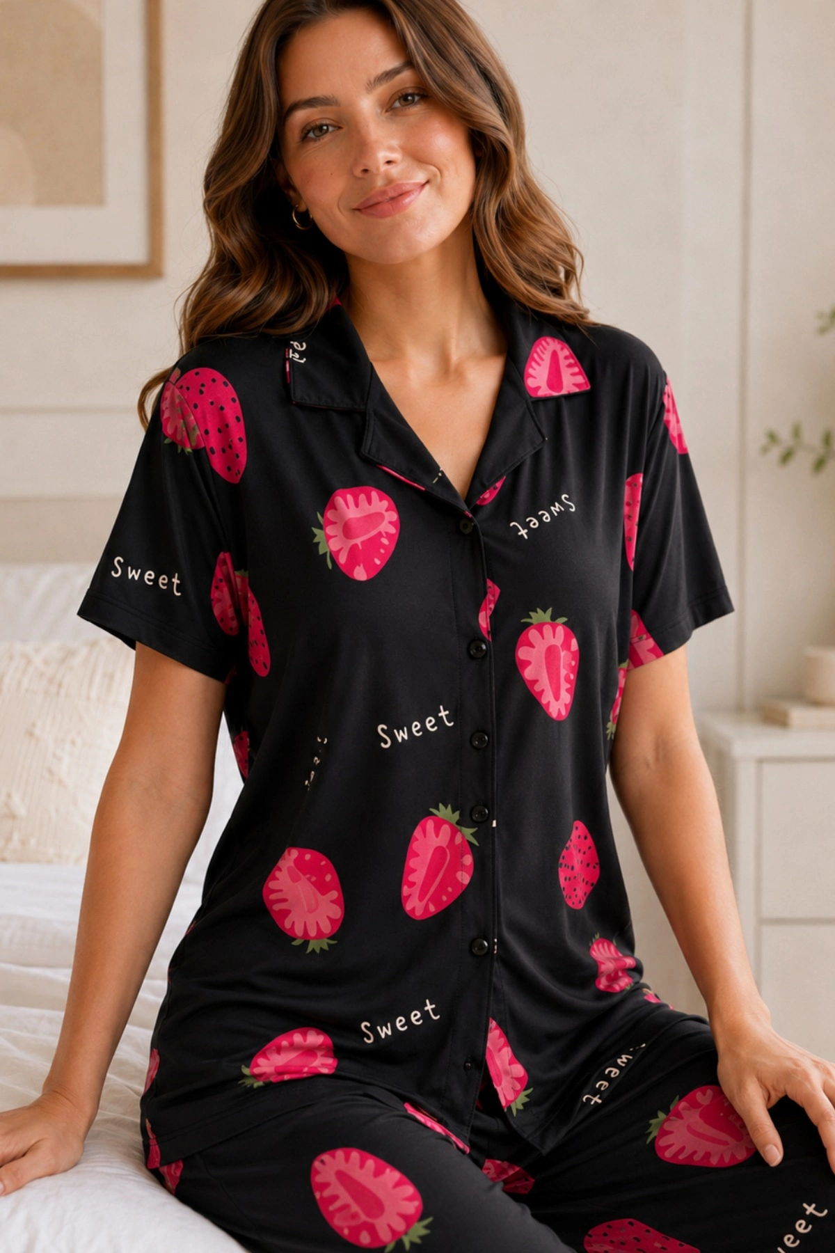 Siyah Çilek Desenli Kısa Kollu Gömlek Yaka Milan Kumaş Kadın Pijama Takımı 1 Siyah Çilek Desenli Kısa Kollu Gömlek Yaka Milan Kumaş Kadın Pijama Takımı