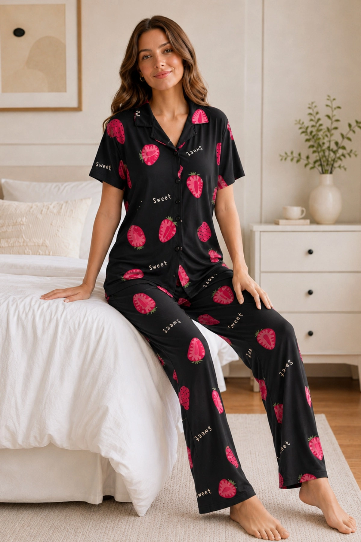 Siyah Çilek Desenli Kısa Kollu Gömlek Yaka Milan Kumaş Kadın Pijama Takımı 2 Siyah Çilek Desenli Kısa Kollu Gömlek Yaka Milan Kumaş Kadın Pijama Takımı - Görsel 2
