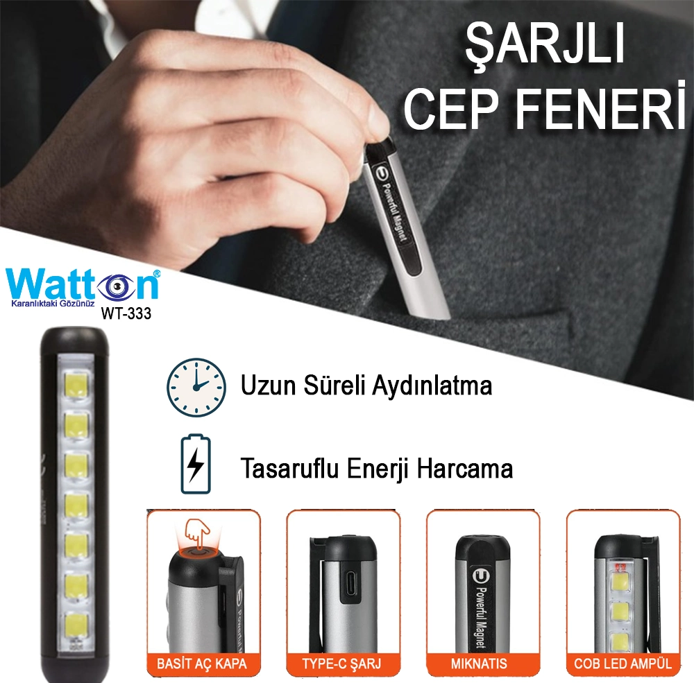 Type-c Girişli Miknatisli Şarjlı Cep Feneri Wt-333 1 Type-c Girişli Miknatisli Şarjlı Cep Feneri Wt-333