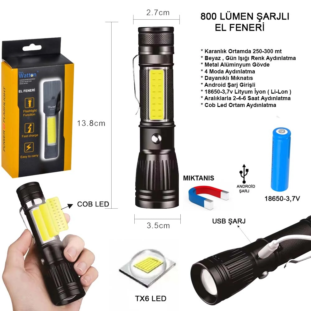 Uzun Menzilli El Feneri Mıknatıslı Wt-602 1 Uzun Menzilli El Feneri Mıknatıslı Wt-602