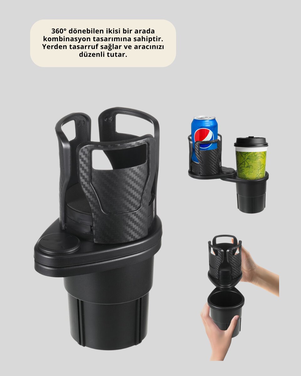 Çiftli Araba Bardak Tutucu Karbon Fiber Görünümlü 360° Ayarlı 2 Çiftli Araba Bardak Tutucu Karbon Fiber Görünümlü 360° Ayarlı - Görsel 2