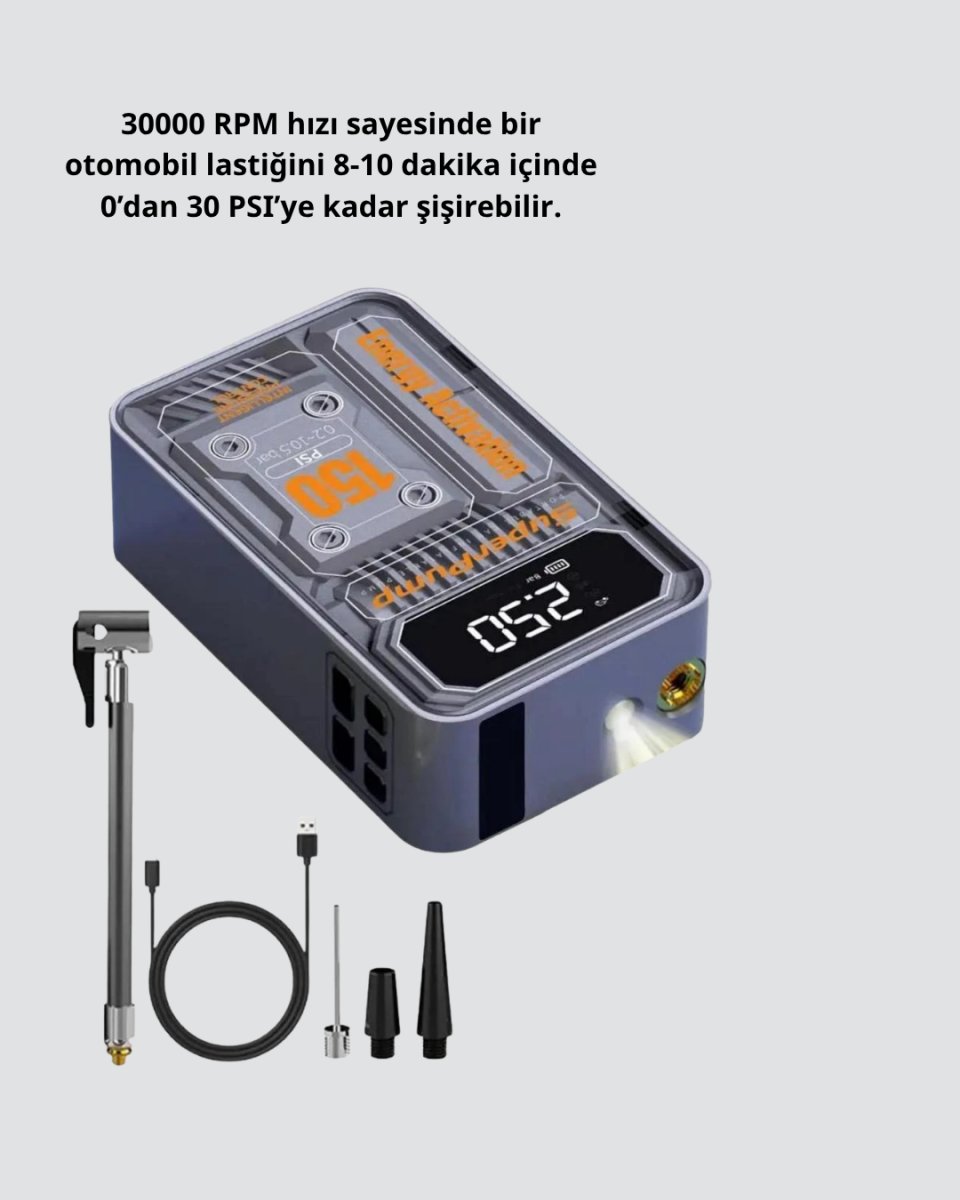 Taşınabilir Kablosuz Hava Pompası – 150 PSI Güçlü Basınç ve 6000mAh Şarjlı 5 Taşınabilir Kablosuz Hava Pompası – 150 PSI Güçlü Basınç ve 6000mAh Şarjlı - Görsel 5